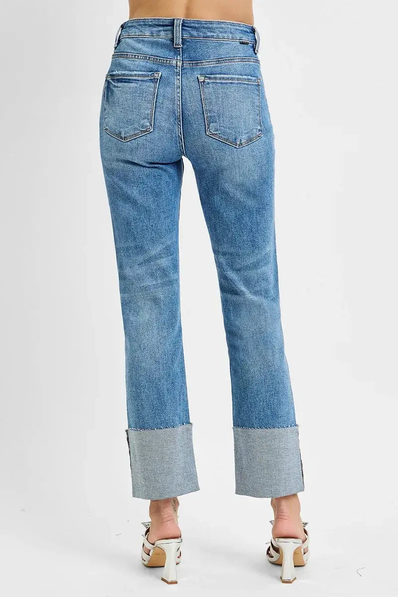 RISEN Full Size High Rise Ankle Straight Wide Cuffed Jeans Plus Size - Trendsi - Flyclothing LLC