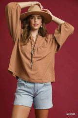 Umgee Textured Notched Blouse with Balloon Sleeves - Trendsi - Flyclothing LLC