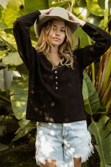 BiBi V Neck Sweater Top With Button Details - Trendsi - Flyclothing LLC