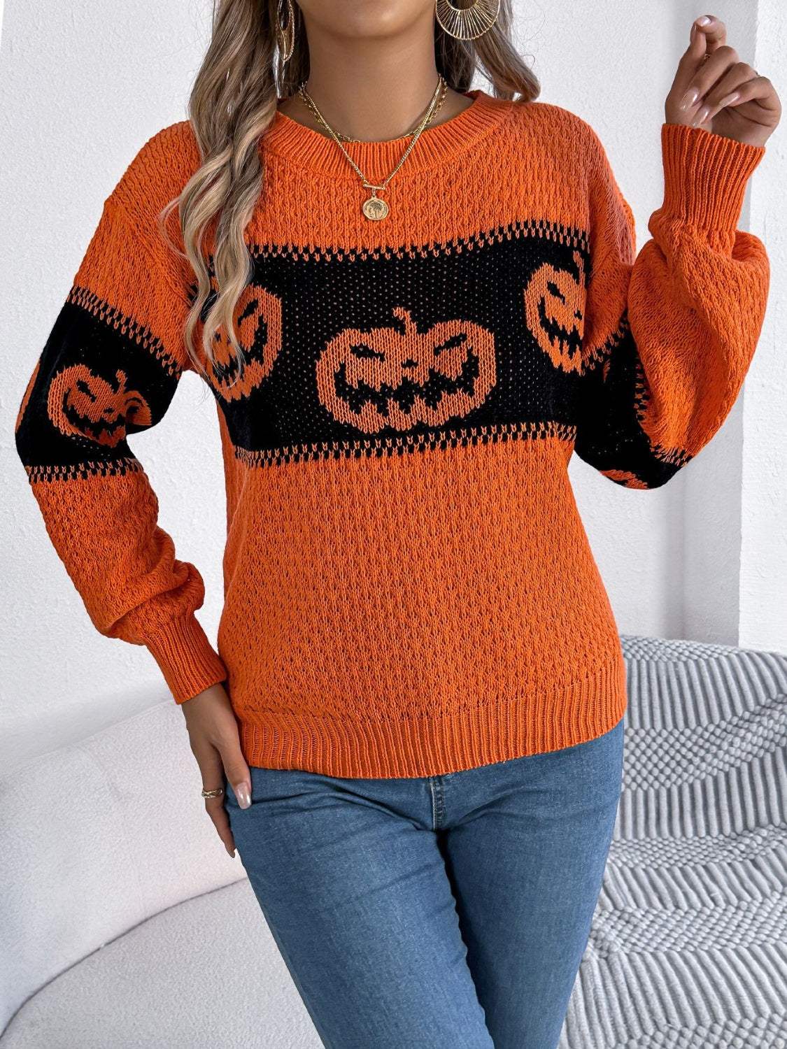 Pumpkin Round Neck Long Sleeve Sweater - Trendsi - Flyclothing LLC