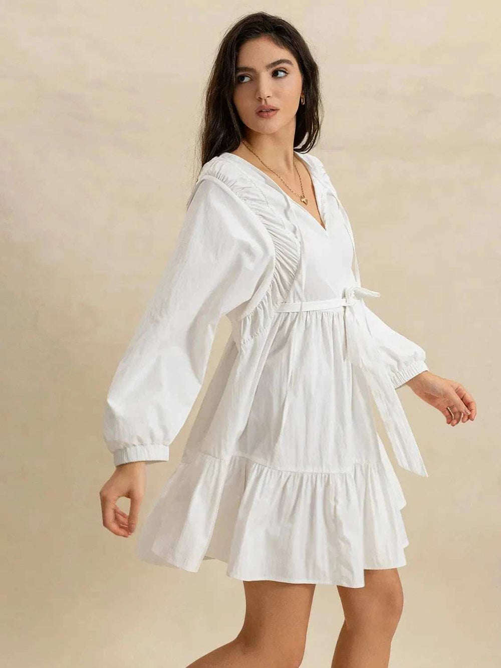 Tiered Tie Neck Long Sleeve Mini Dress - Trendsi - Flyclothing LLC