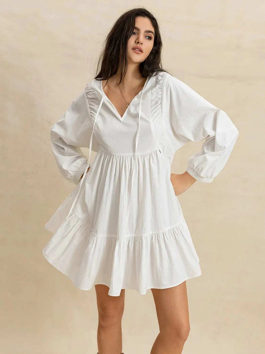 Tiered Tie Neck Long Sleeve Mini Dress - Trendsi - Flyclothing LLC