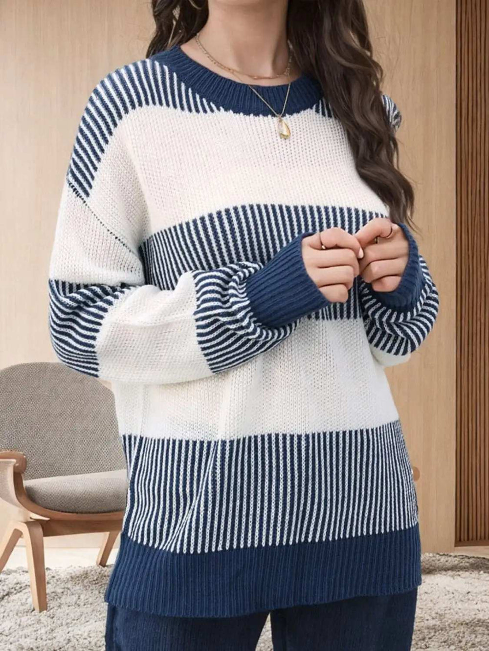 Striped Round Neck Long Sleeve Sweater - Trendsi - Flyclothing LLC