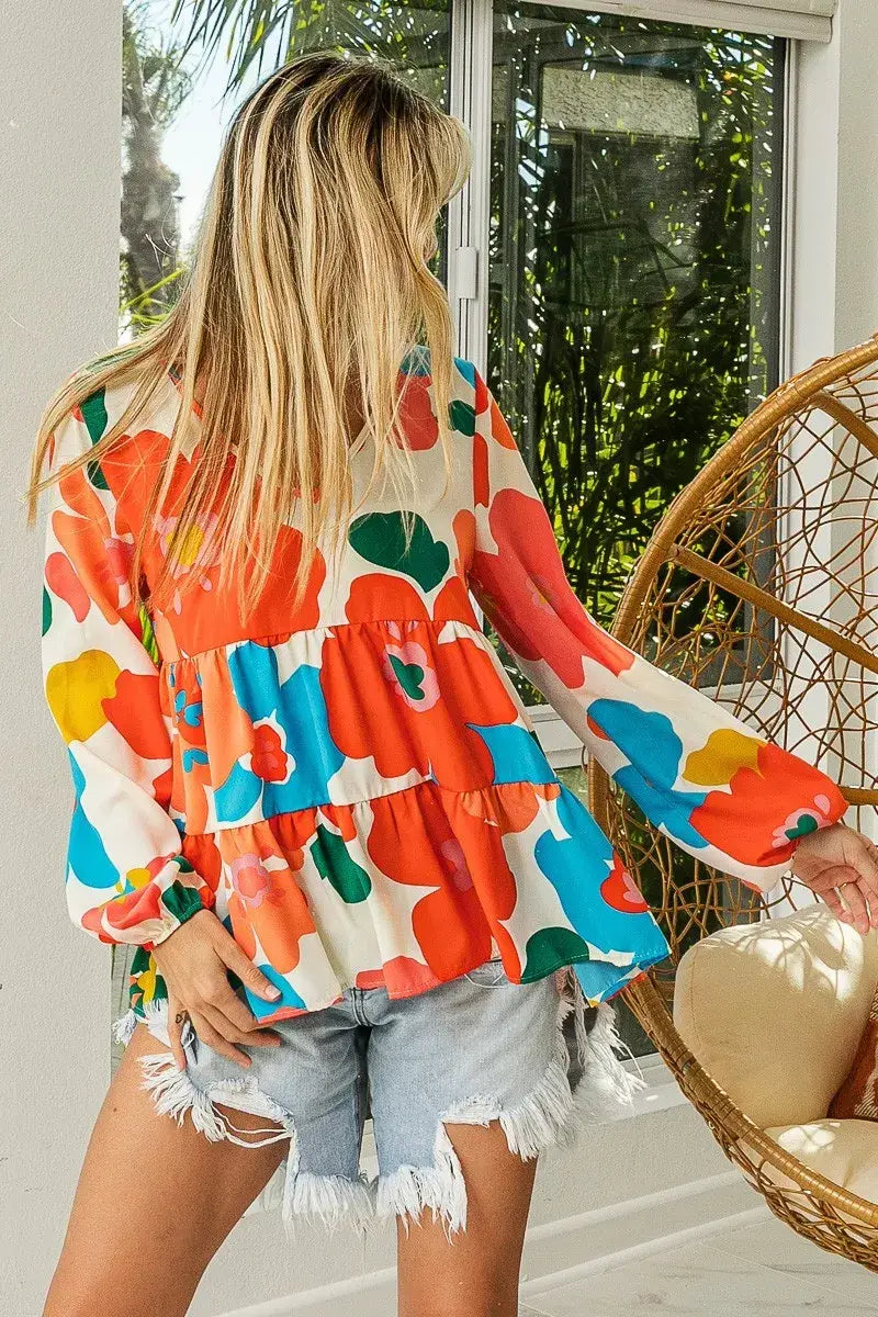 BiBi Floral Woven Tiered V Neck Top - Trendsi - Flyclothing LLC