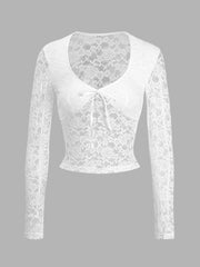 Devine Scoop Neck Long Sleeve Lace Top - Trendsi