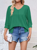 Textured Round Neck Three-Quarter Sleeve Blouse - Trendsi - Flyclothing LLC