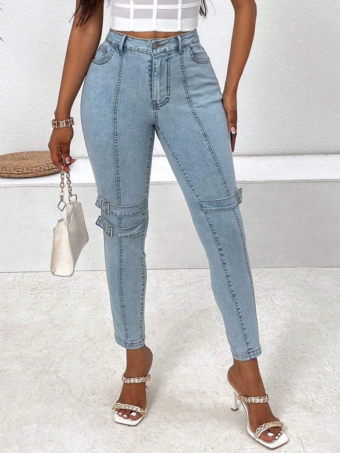 Decorative Buckle Skinny Jeans with Pockets - Trendsi - Flyclothing LLC