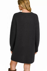 V-Neck Long Sleeve Ribbed Sweater Dress - Trendsi - Flyclothing LLC