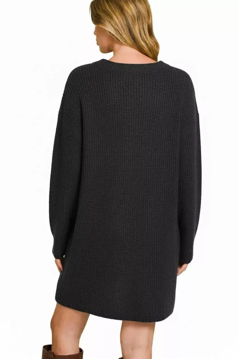 V-Neck Long Sleeve Ribbed Sweater Dress - Trendsi - Flyclothing LLC