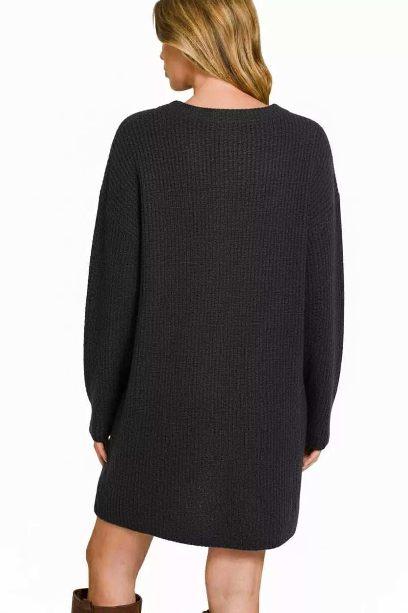V-Neck Long Sleeve Ribbed Sweater Dress - Trendsi - Flyclothing LLC