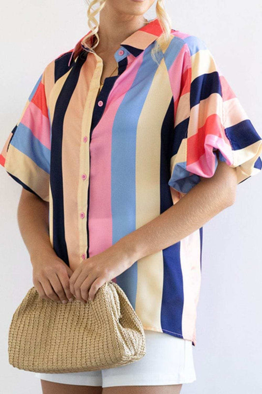Color Block Button Up Balloon Sleeve Shirt - Trendsi - Flyclothing LLC