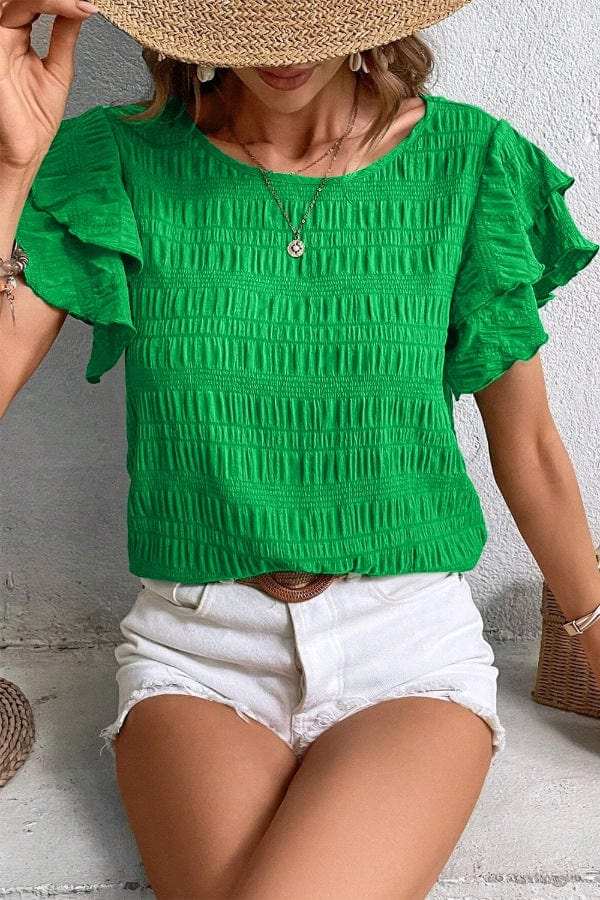 Textured Ruffled Sleeve Round Neck Top - Trendsi - Flyclothing LLC