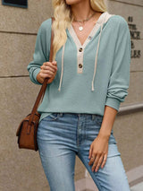 Waffle Knit Henley Hoodie with Contrast Trim - Trendsi - Flyclothing LLC