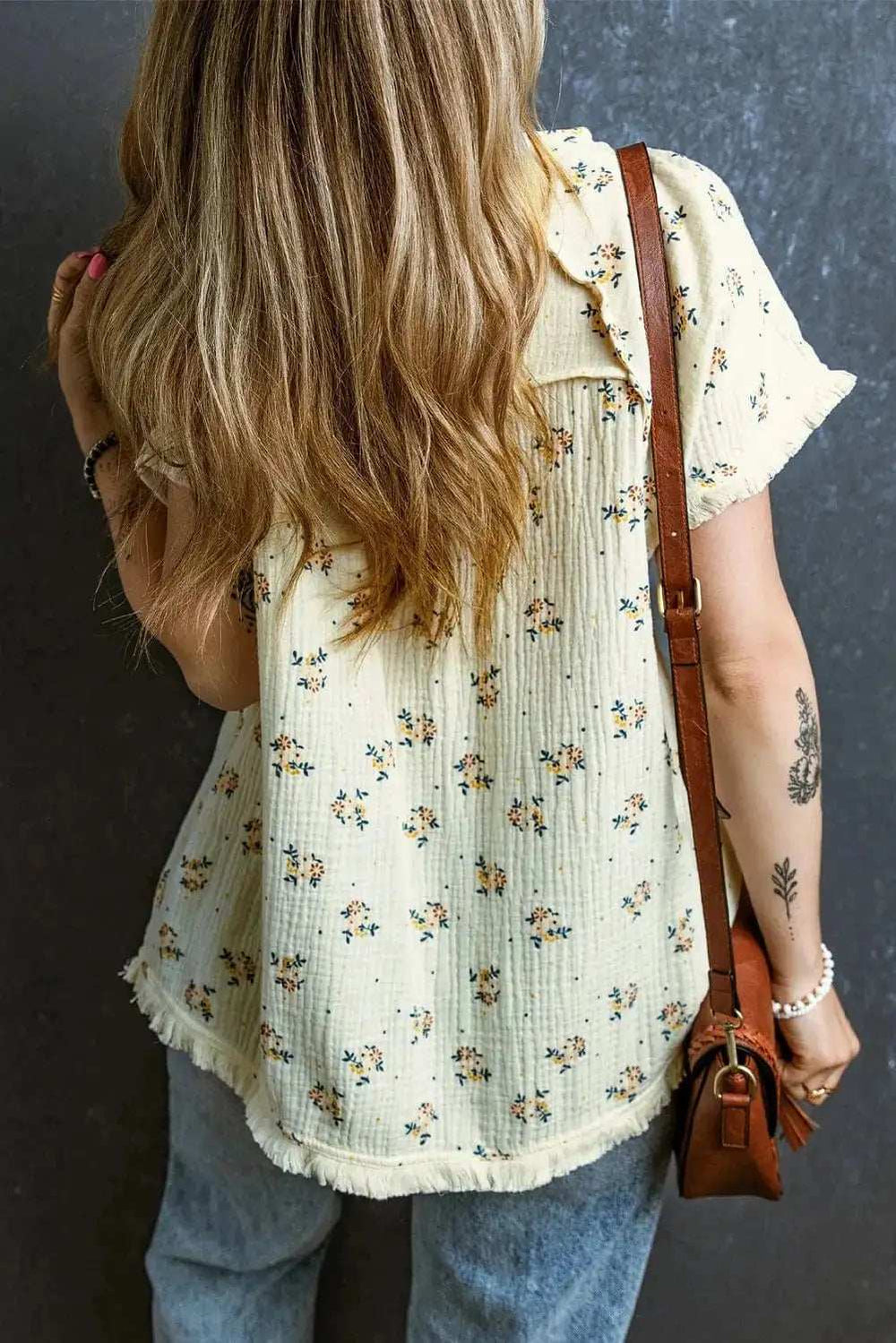 Raw Hem Printed Round Neck Short Sleeve Top - Trendsi - Flyclothing LLC