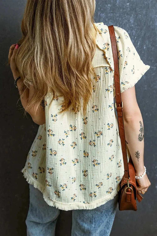 Raw Hem Printed Round Neck Short Sleeve Top - Trendsi - Flyclothing LLC