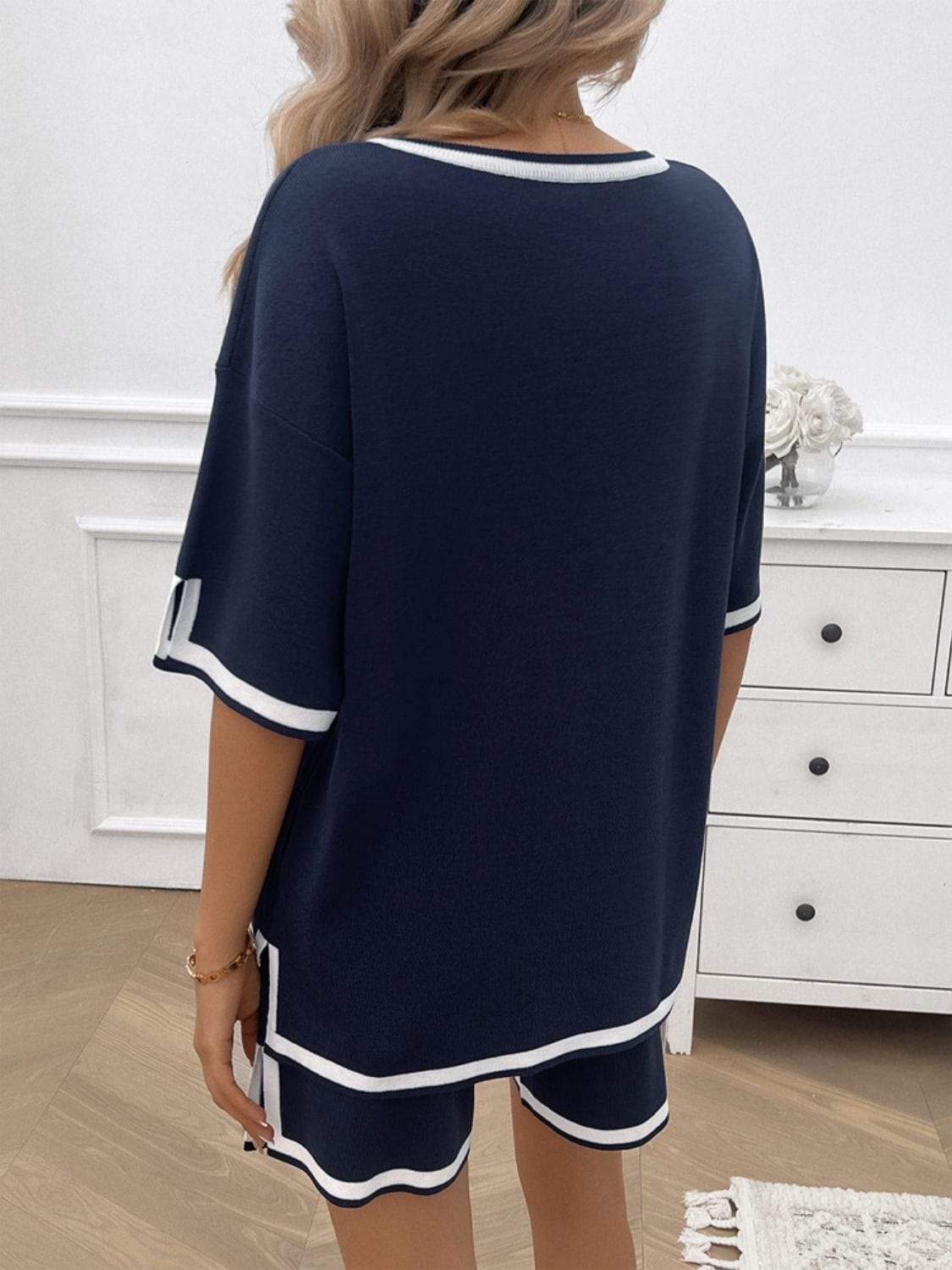 Contrast Trim V-Neck Top and Shorts Set - Trendsi - Flyclothing LLC