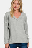 Zenana Full Size Ribbed V-Neck Drop Shoulder Top - Trendsi - Flyclothing LLC