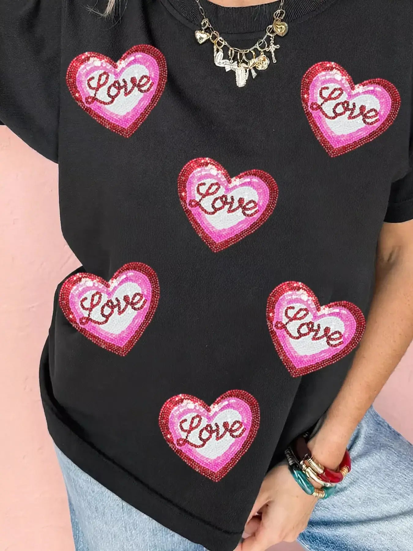 Sequin Love Heart Patched Crew Neck Casual Tee - Trendsi - Flyclothing LLC