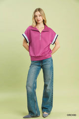 Umgee Zip Front Casual Top with Contrast Stripe Trim - Trendsi - Flyclothing LLC