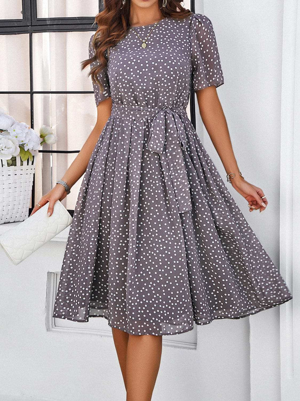 Printed Round Neck Short Sleeve Dress - Trendsi - Flyclothing LLC
