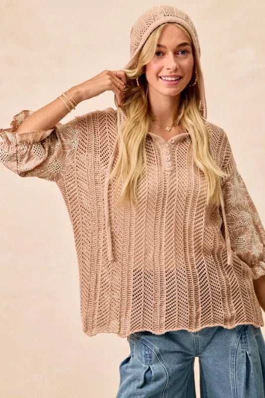BiBi Jacquard Flower Puff Sleeve Hooded Knit Top - Trendsi - Flyclothing LLC