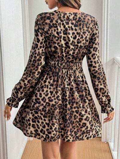 Lace Detail Leopard Flounce Sleeve Mini Dress - Trendsi - Flyclothing LLC