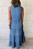 Tie Neck Tiered Maxi Denim Dress - Trendsi