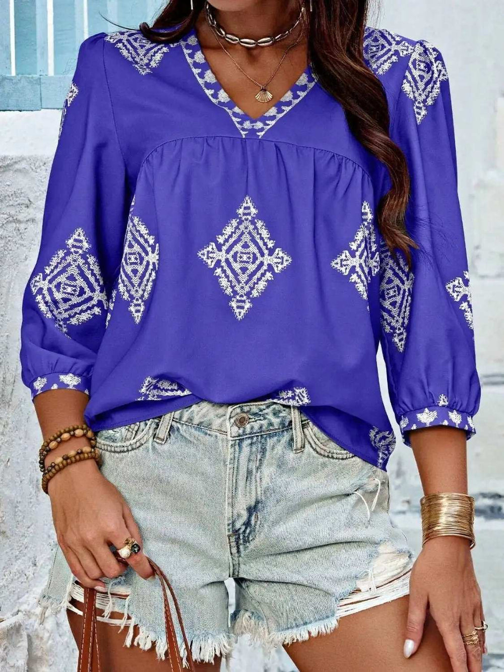 Printed V-Neck Three-Quarter Sleeve Blouse - Trendsi - Flyclothing LLC
