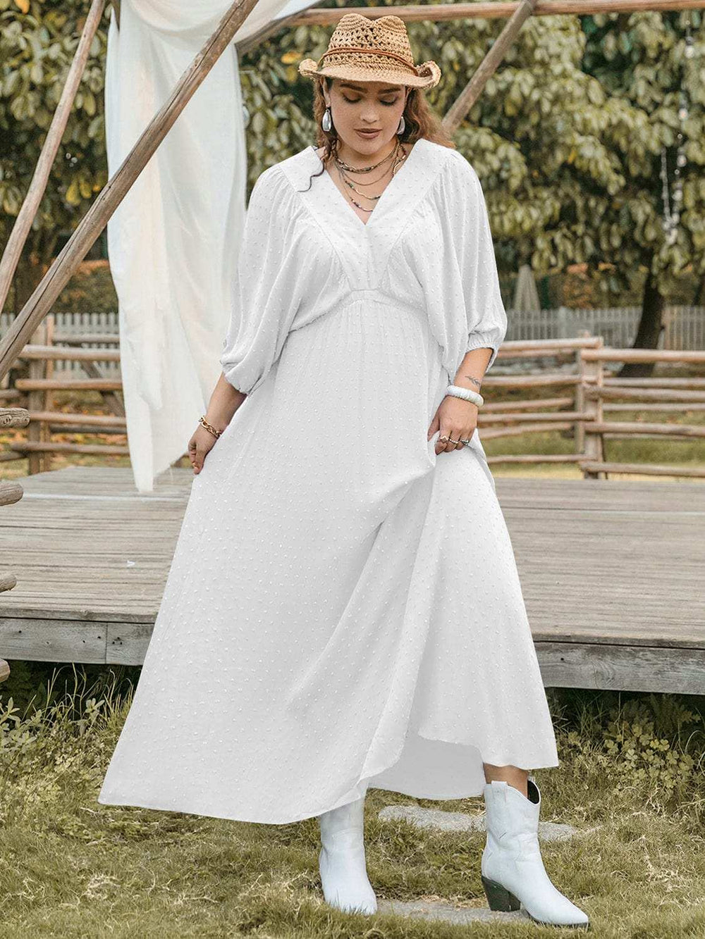 Plus Size Swiss Dot V-Neck Three-Quarter Sleeve Dress - Trendsi - Flyclothing LLC