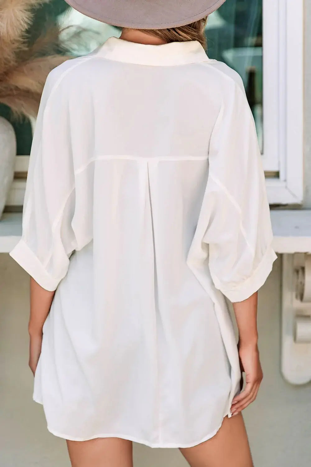 Collared Neck Three-Quarter Sleeve Shirt - Trendsi - Flyclothing LLC