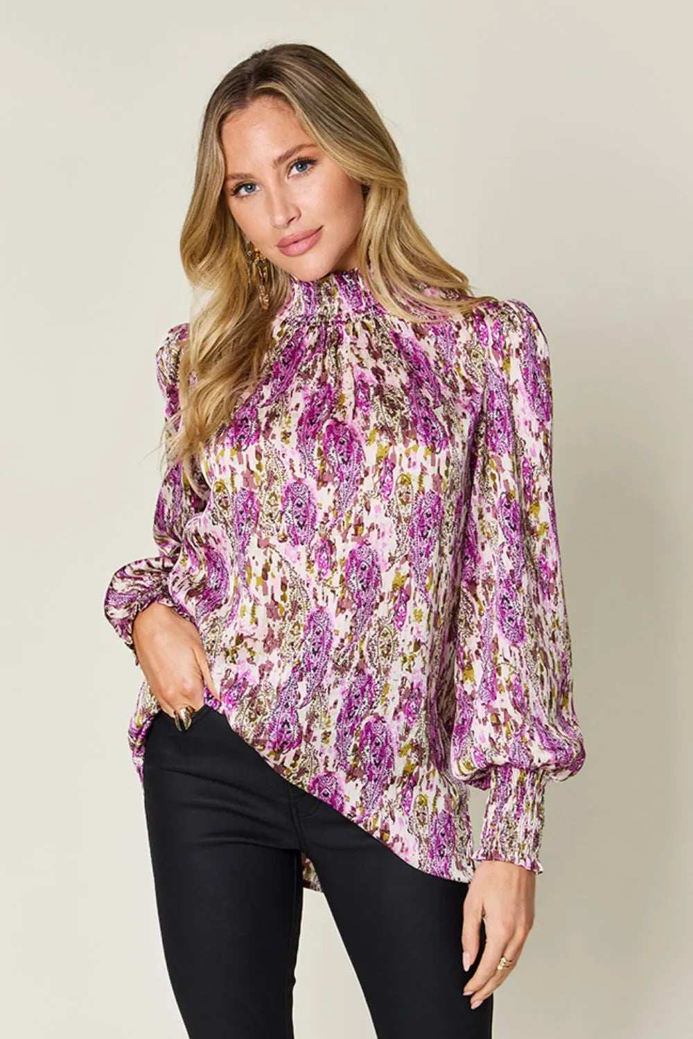 Double Take Full Size Printed Smocked Long Sleeve Blouse - Trendsi - Flyclothing LLC