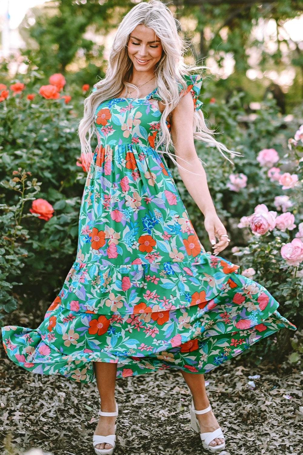 Tiered Ruffled Printed Sleeveless Dress - Trendsi - Flyclothing LLC