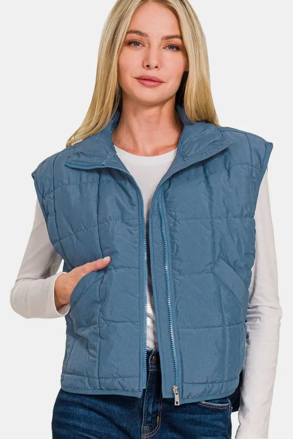Zenana Zip Up Cropped Puffer Vest with Pockets - Trendsi - Flyclothing LLC