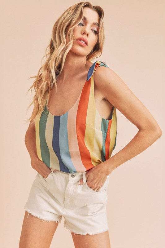 Aemi + Co Contrast Striped Scoop Neck Tie Shoulder Tank - Trendsi - Flyclothing LLC