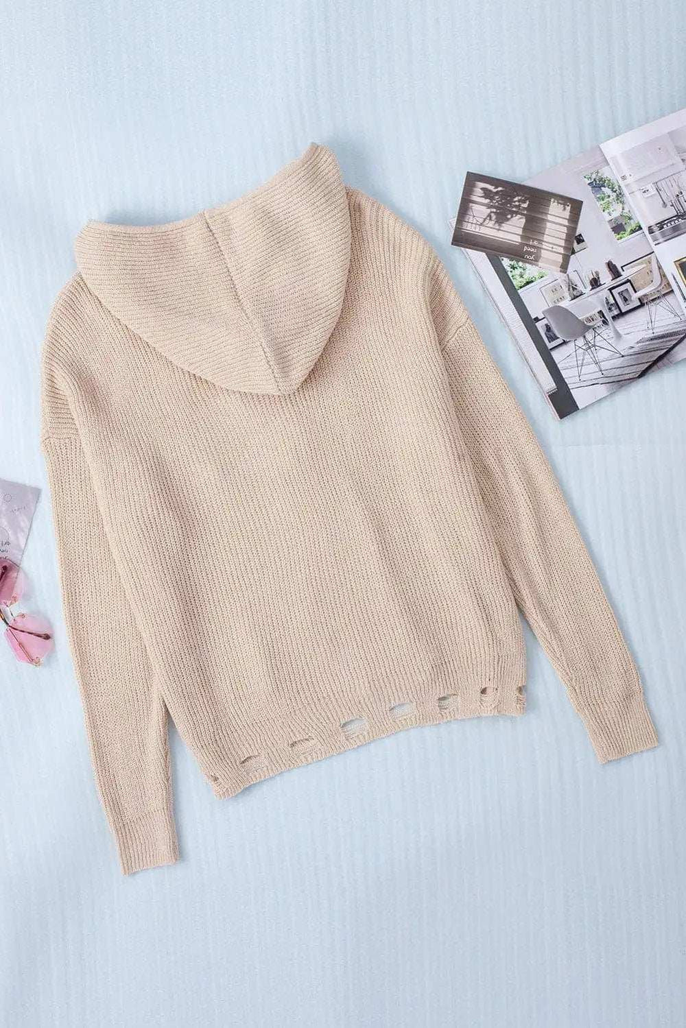 Distressed Zip Up Drawstring Hooded Cardigan - Trendsi - Flyclothing LLC