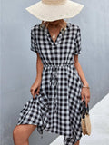 Plaid Notched Short Sleeve Dress - Trendsi - Flyclothing LLC