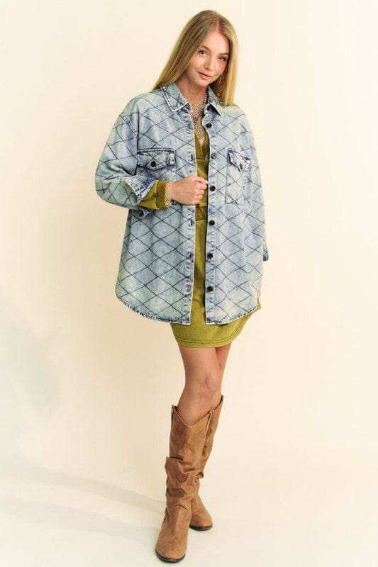 Davi & Dani Curved Hem Diamond Quilted Button Up Denim Shacket - Trendsi - Flyclothing LLC
