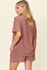 Double Take Full Size Round Neck Short Sleeve T-Shirt and Shorts Set - Trendsi - Flyclothing LLC