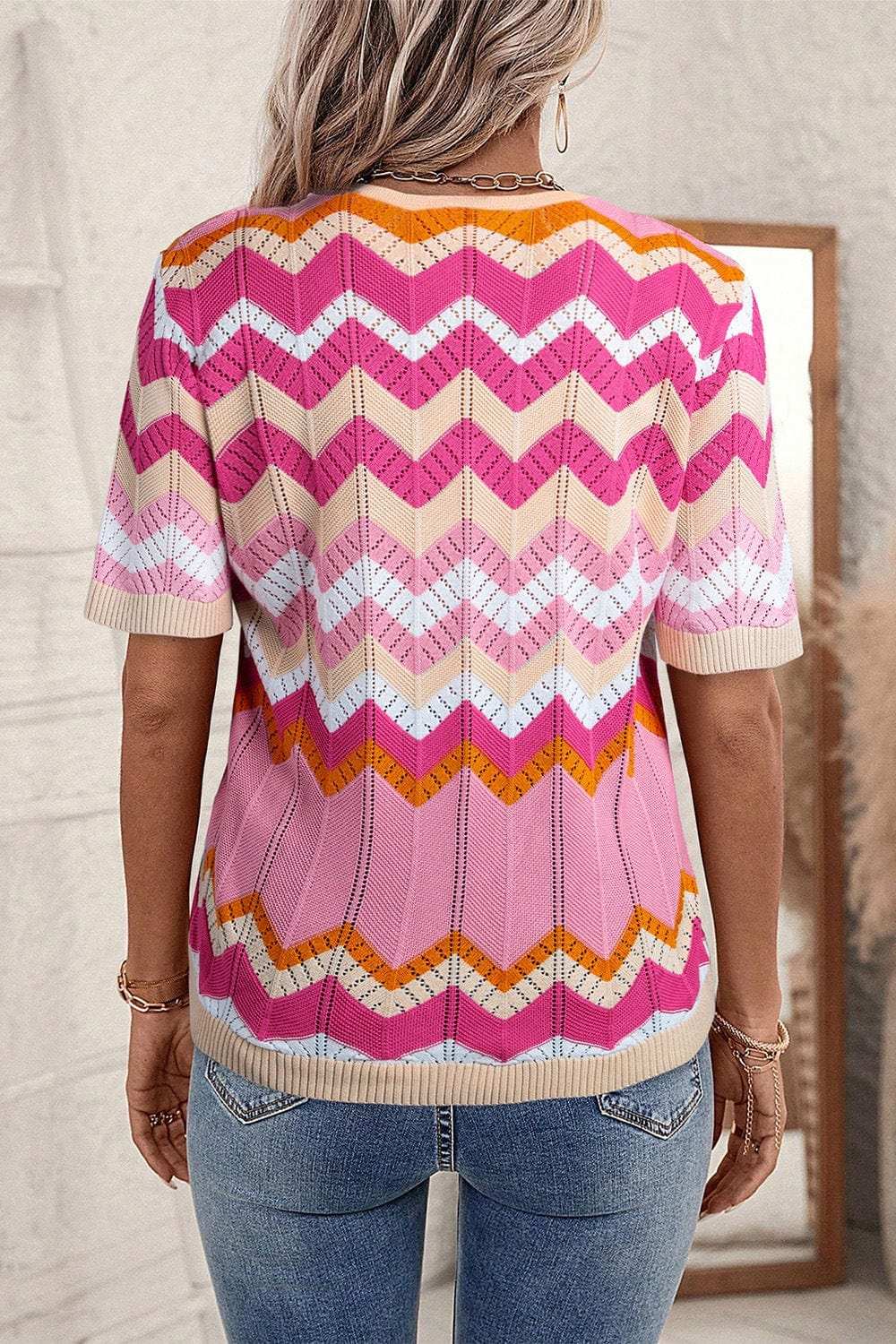 Stripe Chevron Openwork Round Neck Short Sleeve Knit Top - Trendsi - Flyclothing LLC