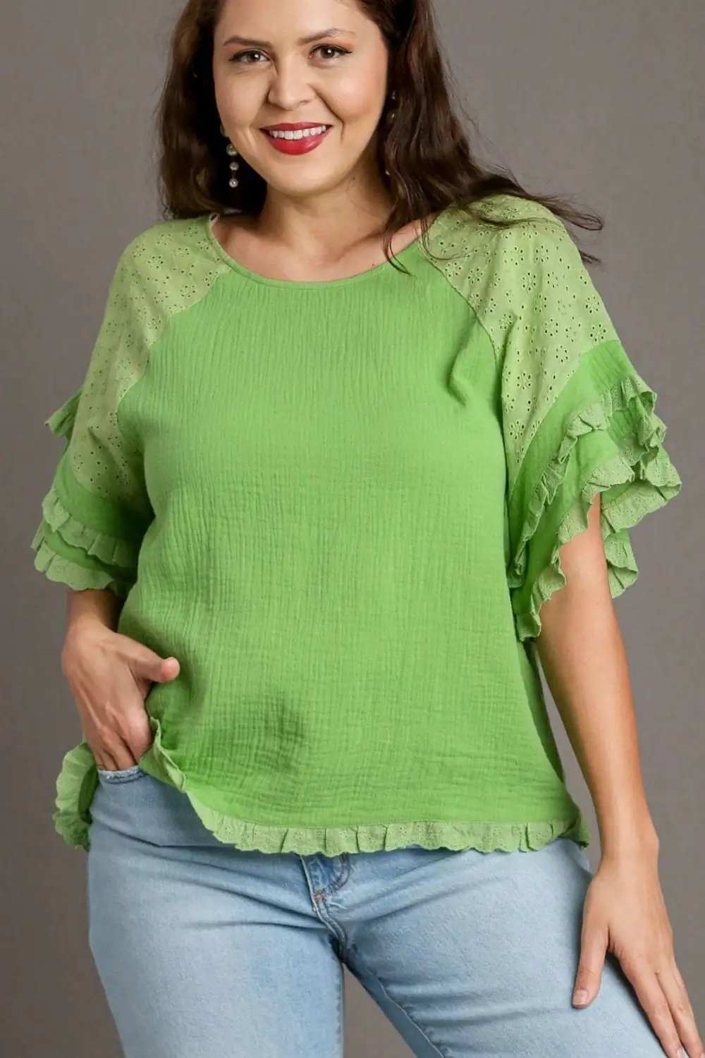 Umgee Full Size Cotton Gauze Round Neck Ruffle Eyelet Layered Sleeve Blouse Plus Size - Trendsi - Flyclothing LLC