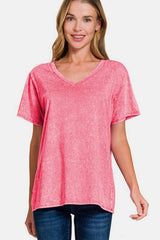 Zenana Full Size Washed Short Sleeve V-Neck T-Shirt - Trendsi - Flyclothing LLC