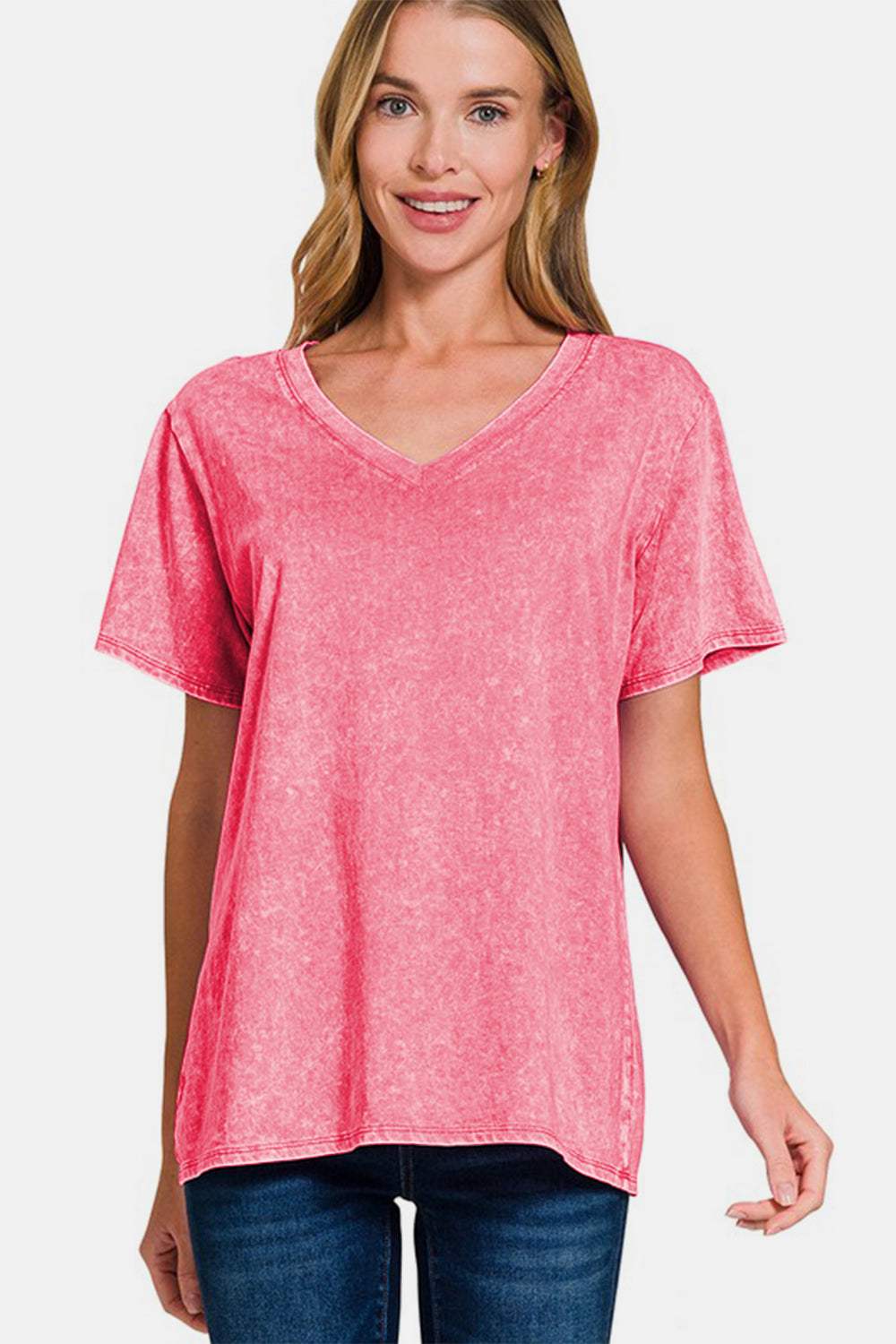 Zenana Full Size Washed Short Sleeve V-Neck T-Shirt - Trendsi - Flyclothing LLC