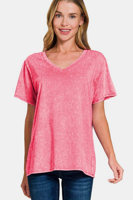 Zenana Full Size Washed Short Sleeve V-Neck T-Shirt - Trendsi - Flyclothing LLC