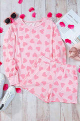 Heart Print Long Sleeve Top and Shorts Lounge Set - Trendsi - Flyclothing LLC