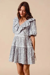 SO ME Cotton Printed Ruffle V Neckline Dress with Side Tie - Trendsi - Flyclothing LLC