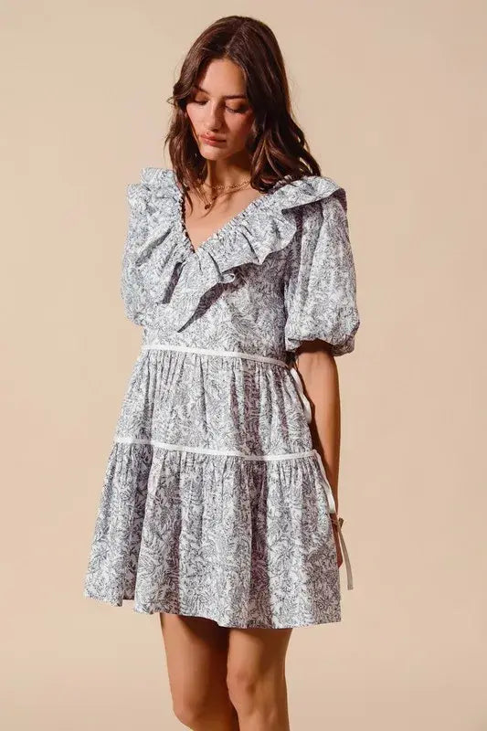 SO ME Cotton Printed Ruffle V Neckline Dress with Side Tie - Trendsi - Flyclothing LLC