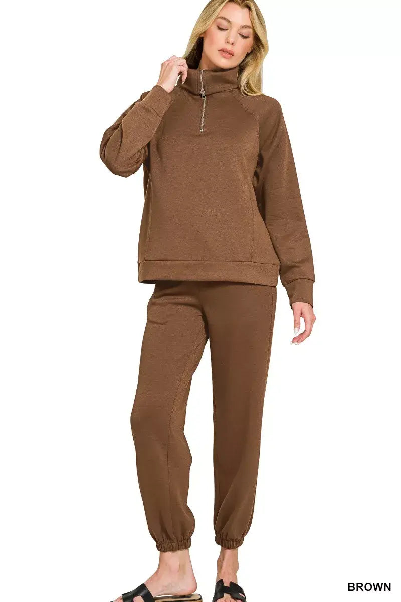 Zenana Scuba Half Zip Sweatshirts and Joggers Set - Trendsi - Flyclothing LLC