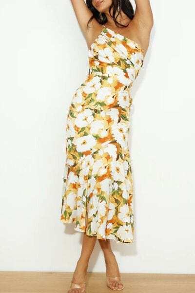Ruched Printed Single Shoulder Midi Dress - Trendsi - Flyclothing LLC