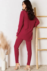 Basic Bae Full Size Ribbed Round Neck High-Low Slit Top and Pants Set - ShopBasicbae - Flyclothing LLC