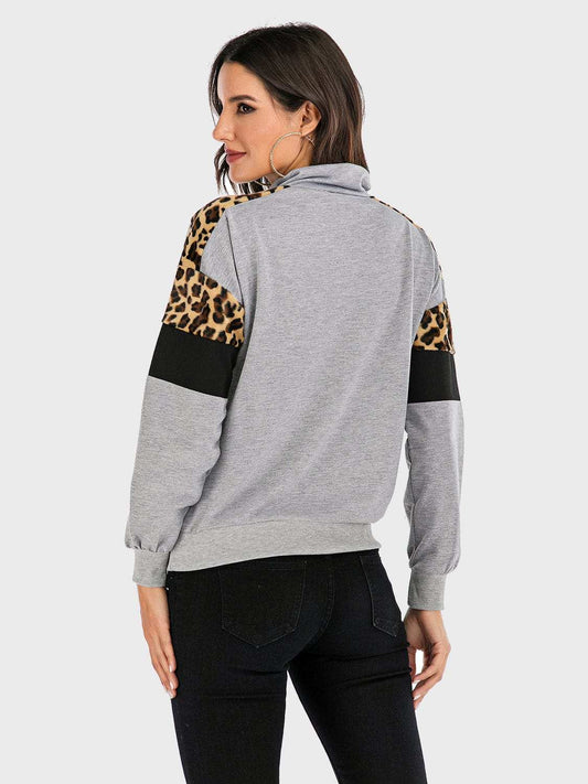 Perfee Contrast Leopard Half Zip Long Sleeve Sweatshirt - Trendsi - Flyclothing LLC